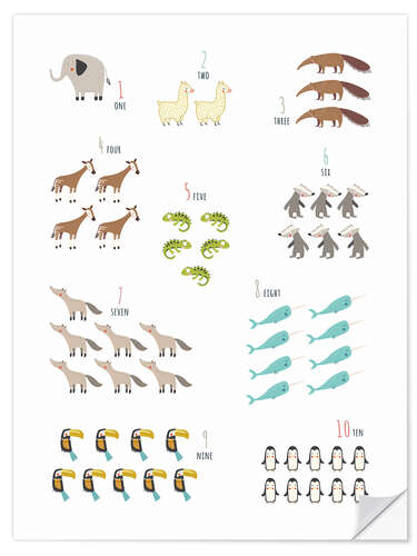 Selvklebende plakat Numbers 1 to 10 with animals (english)