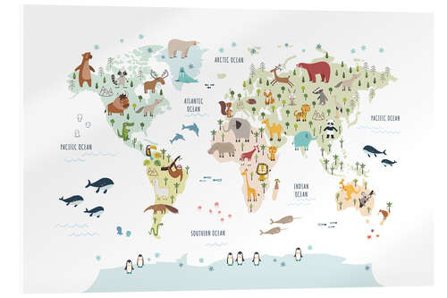 Akrylglastavla World map with animals (white)