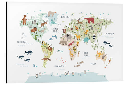 Aluminiumtavla World map with animals (white)