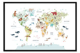 Gerahmter Kunstdruck Kinder Weltkarte mit Tieren (weiß)