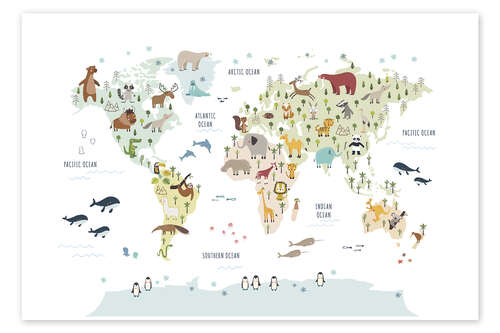 Poster World map with animals (white)