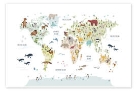 Wandbild  Kinder Weltkarte mit Tieren (weiß) - Marta Munte