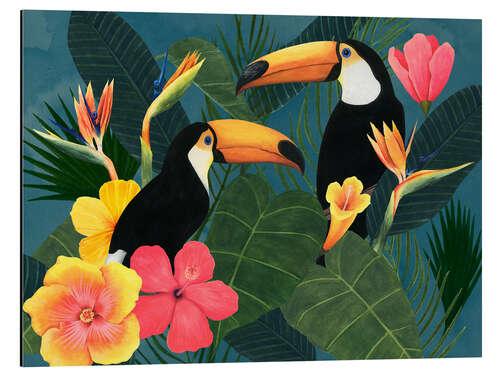 Tableau en aluminium Toucans dans la mer tropicale de fleurs