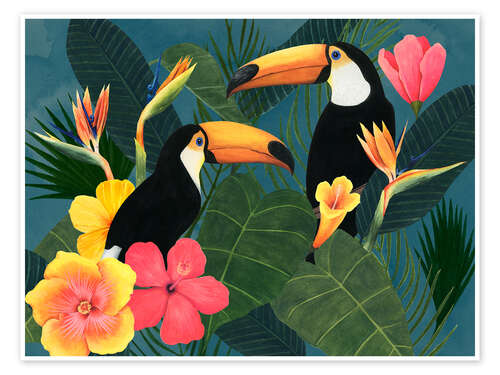 Poster Toucans dans la mer tropicale de fleurs
