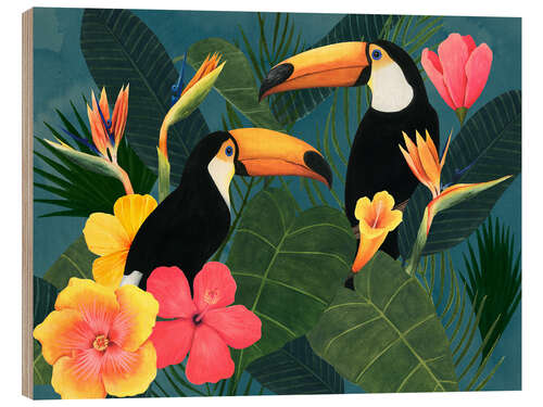 Wood print Toucans in the tropical sea of flowers