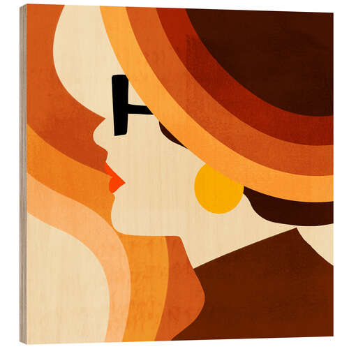 Wood print Woman with sun hat