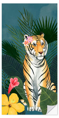 Sticker mural Tigre dans la mer tropicale de fleurs