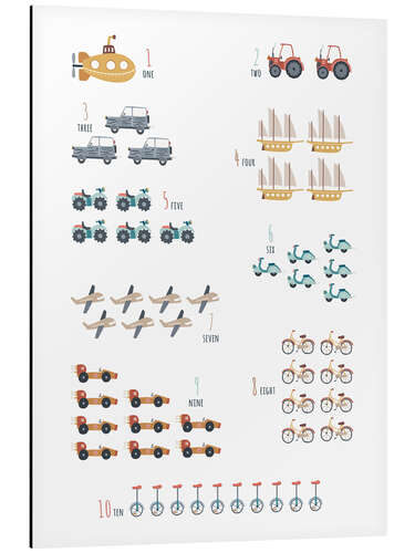 Aluminium print Numbers 1 to 10 with vehicles