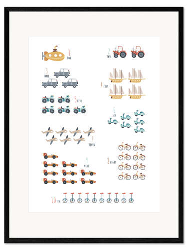 Ingelijste kunstdruk Numbers 1 to 10 with vehicles (english)