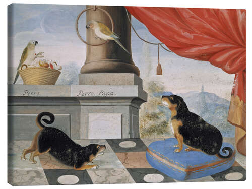 Canvas print Two dogs and two parrots on a terrace