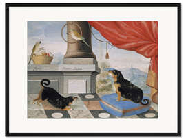 Gerahmter Kunstdruck Zwei Hunde und zwei Papageien auf einer Terrasse