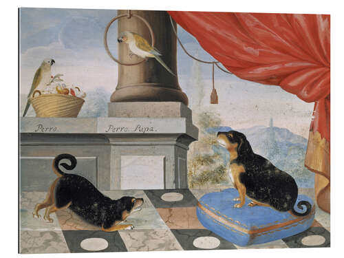 Gallery print Two dogs and two parrots on a terrace