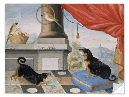 Naklejka na ścianę Two dogs and two parrots on a terrace