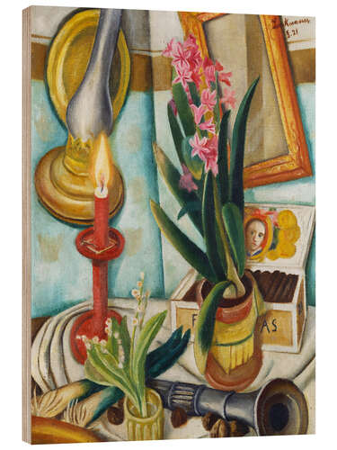 Wood print Still life with a burning candle