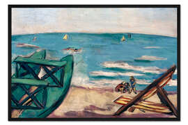 Gerahmter Kunstdruck Strand mit Boot und Liegestuhl