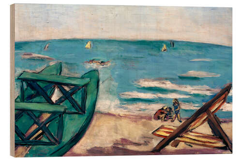 Hout print Beach with boat and deck chair