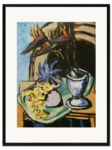 Ingelijste kunstdruk Still life with strelitzia and yellow orchids