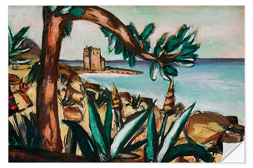 Naklejka na ścianę Seascape with an old castle and agaves