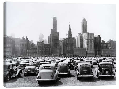 Canvas print Classic cars in front of the Chicago skyline