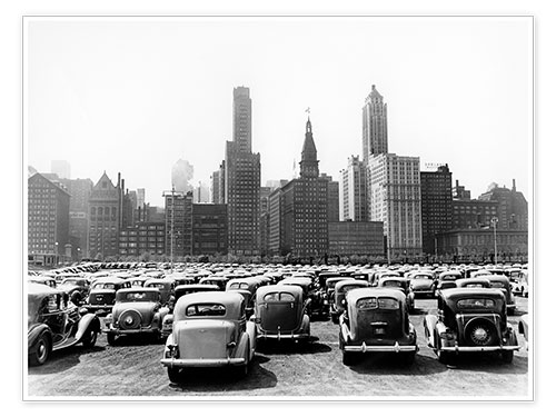 Póster Autos clásicos frente al horizonte de Chicago
