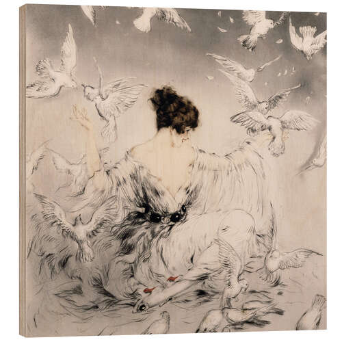 Hout print Girl with pigeons