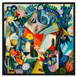 Gerahmter Kunstdruck Komposition mit Haus und Blumen