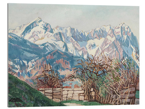 Tableau en plexi-alu Montagnes Wetterstein avec Zugspitze au début du printemps