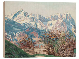 Hout print Wetterstein Mountains with Zugspitze in early spring