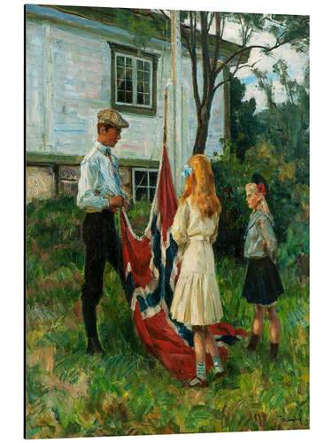 Tableau en aluminium Les enfants lèvent le drapeau norvégien