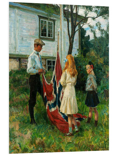 Foam board print Children raise the Norwegian flag
