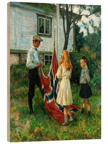 Obraz na drewnie Children raise the Norwegian flag