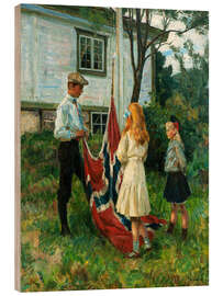 Obraz na drewnie Children raise the Norwegian flag