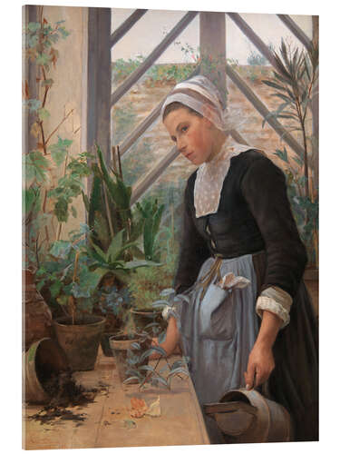 Acrylic print Breton girl looks for plants in the greenhouse