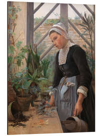 Magnettafel Bretonisches Mädchen schaut nach Pflanzen im Treibhaus