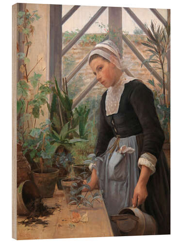 Wood print Breton girl looks for plants in the greenhouse