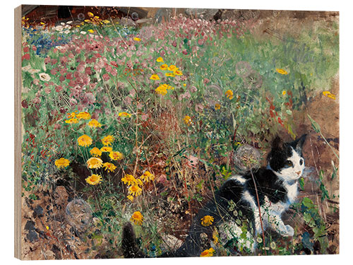 Holzbild Katze auf einer Blumenwiese