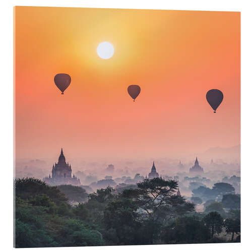 Acrylglas print Hot air balloons over the temples of Bagan