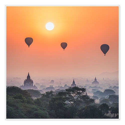 Póster Balões de ar quente sobre os templos de Bagan