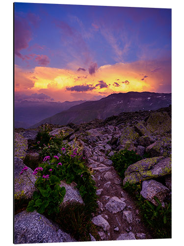 Tableau en aluminium Coucher de soleil coloré à Furkapass après un orage