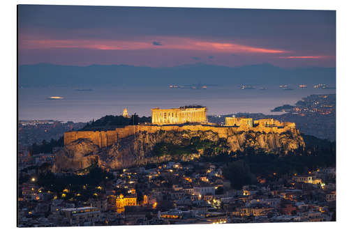 Quadro em alumínio A Acrópole de Atenas com luzes acesas ao pôr do sol