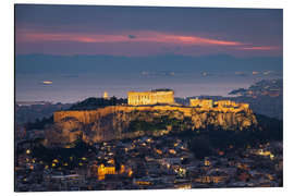 Aluminium print The Acropolis of Athens with lights turned on at sunset