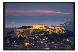 Gerahmter Kunstdruck Akropolis von Athen mit Lichtern bei Sonnenuntergang