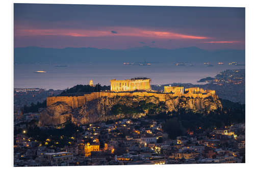 Foam board print The Acropolis of Athens with lights turned on at sunset