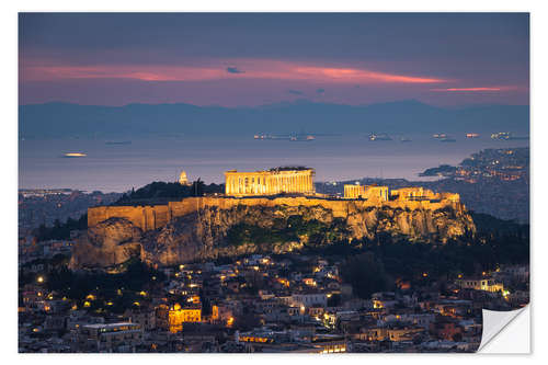 Självhäftande poster The Acropolis of Athens with lights turned on at sunset