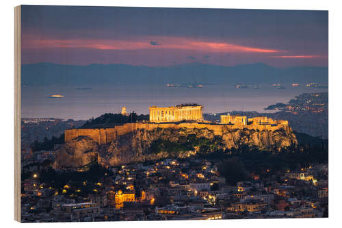 Holzbild Akropolis von Athen mit Lichtern bei Sonnenuntergang