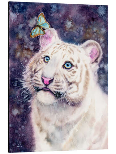 Aluminium print White Tiger Cub and Butterfly