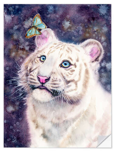 Selvklebende plakat White Tiger Cub and Butterfly