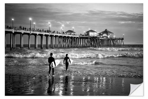 Selvklæbende plakat Black California - Huntington Beach Surf City