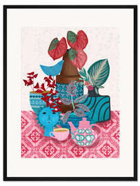 Gerahmter Kunstdruck Blaue Bitossi-Gefäße mit rotem Laub