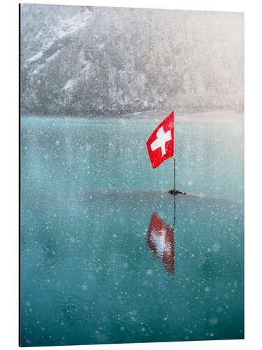 Aluminiumsbilde Swiss flag in the Oeschinensee